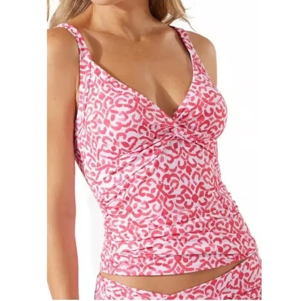 Tommy Bahama Womens Pink White Scroll Print Twist Front‎ Tankini Top L SS100248